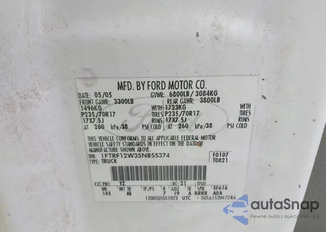 2005 Ford F-150 Stx/Xl/Xlt z USA, uszkodzony, nr VIN 1FTRF12W35NB55374